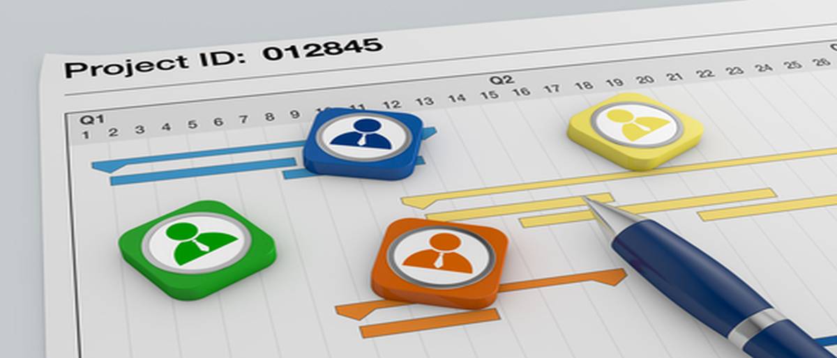 closeup view of a paper document with gantt chart, a pen, and businessman icons (3d render)